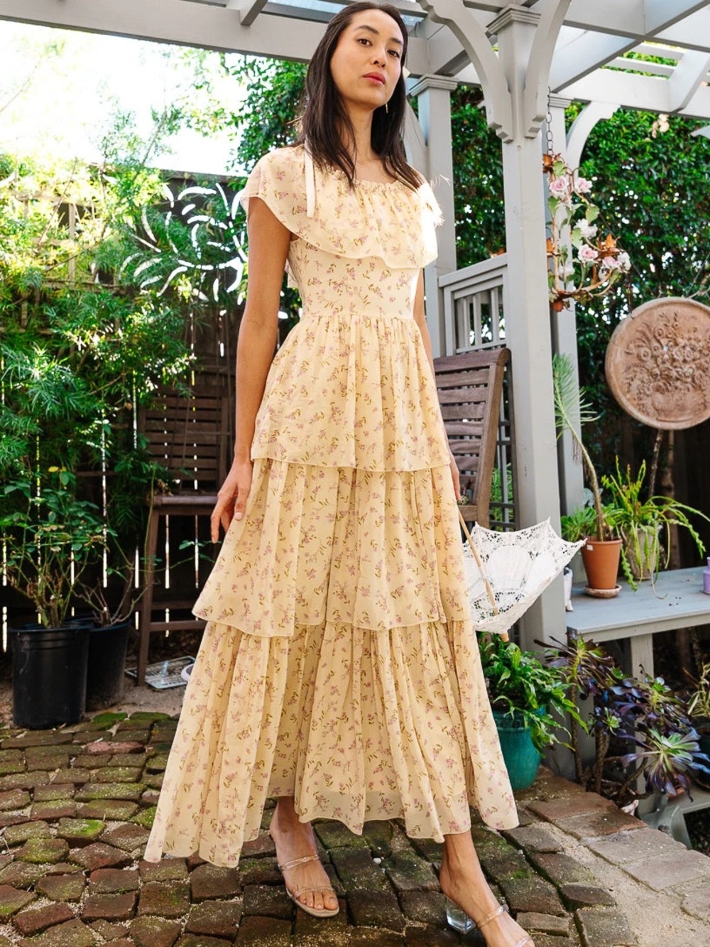 Ivy City Floral Tiered Maxi Darla Dress in Pale Yellow XS